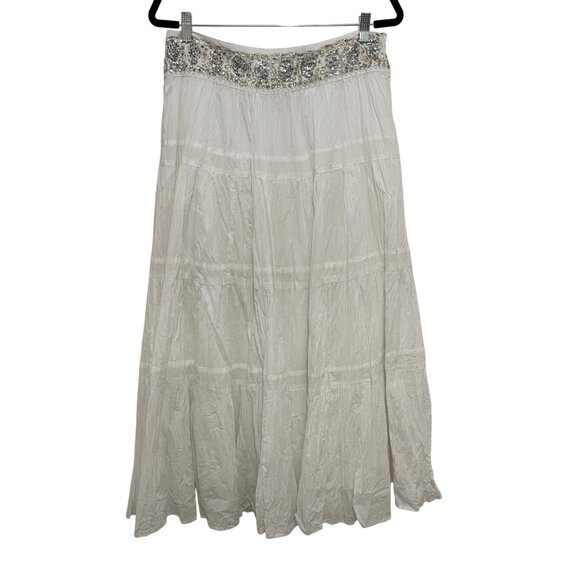 BCBG Max Azria Beaded Waist Tiered Long Skirt Womens S White Boho Cottagecore - Picture 1 of 11